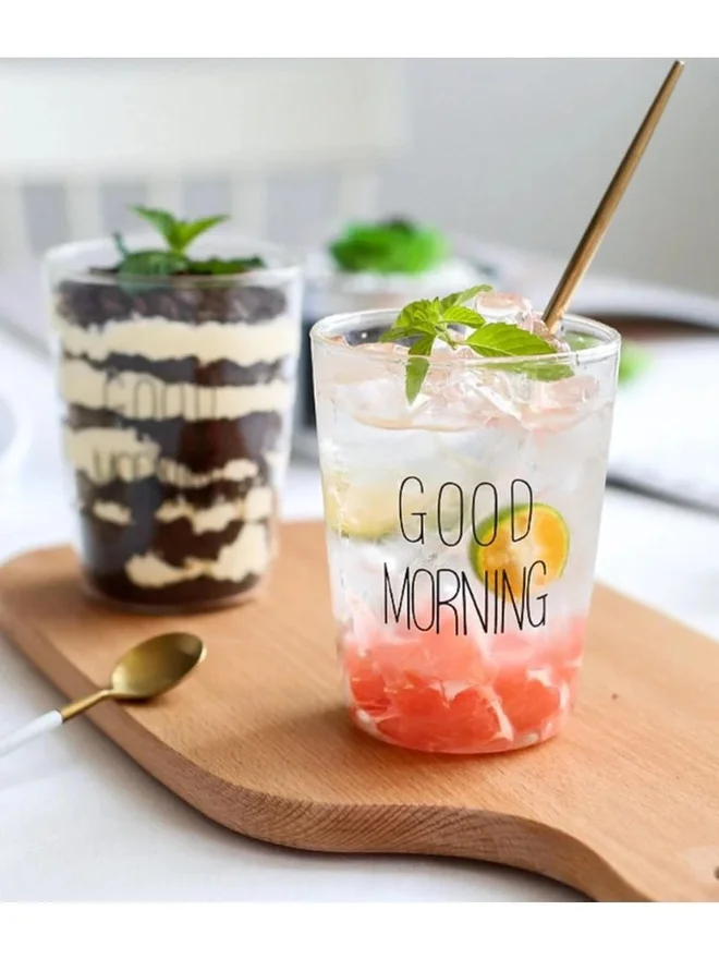 1Chase 1CHASE Set of 2 - Borosilicate Good Morning Printed Glass Cup 400ml